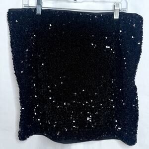 H&M Black Sequin Mini Skirt Women's Size 16 Side Zipper Straight Stretch NWT
